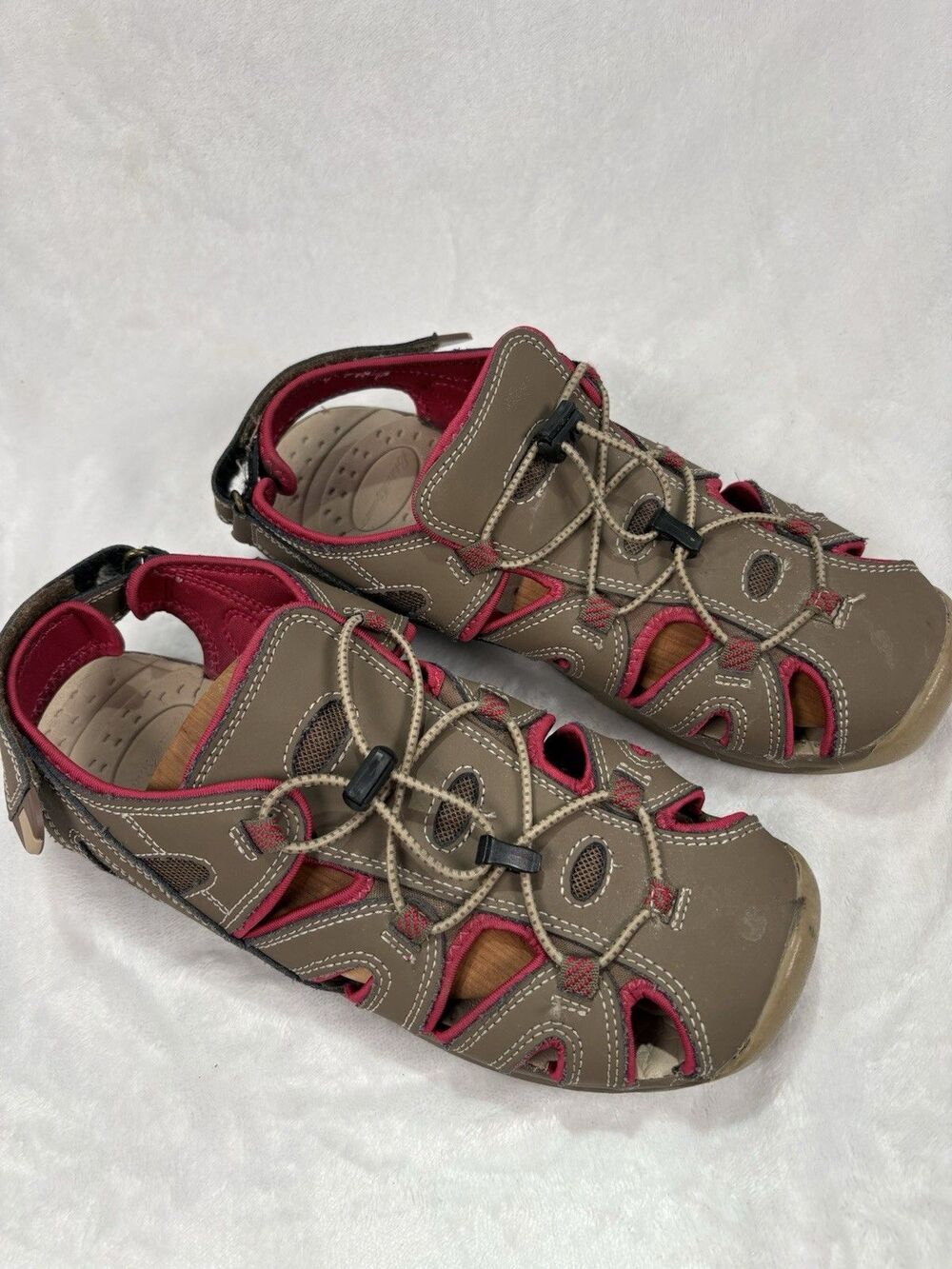 EDDIE BAUER Water Sandals Women's 10 Brown Leather Pink Trim Cinch Cord Hike